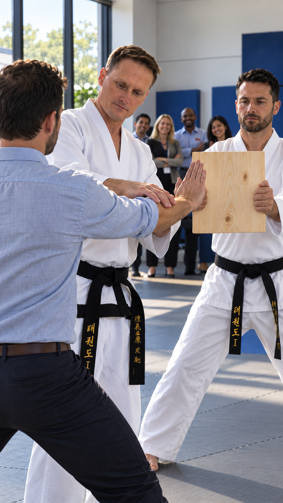 Joseph Dellea guiding a participant through a board-breaking technique during a team seminar